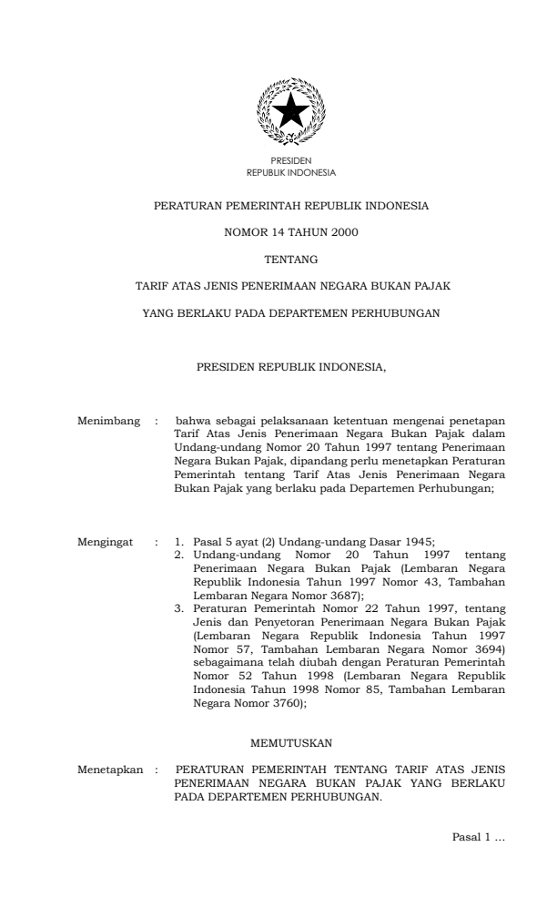 Peraturan Pemerintah Nomor 14 Tahun 2000