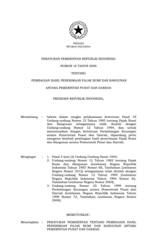 Peraturan Pemerintah Nomor 16 Tahun 2000