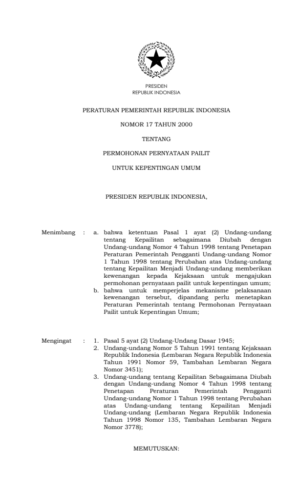 Peraturan Pemerintah Nomor 17 Tahun 2000