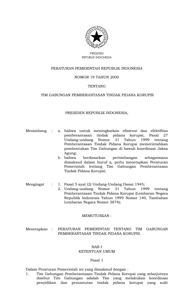 Peraturan Pemerintah Nomor 19 Tahun 2000