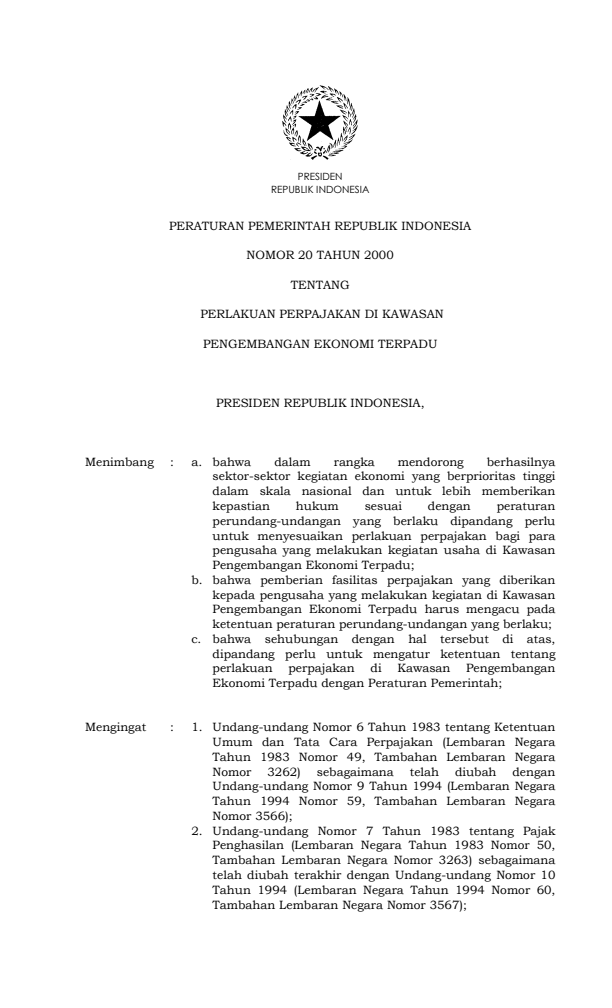 Peraturan Pemerintah Nomor 20 Tahun 2000