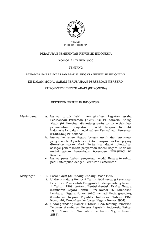 Peraturan Pemerintah Nomor 21 Tahun 2000