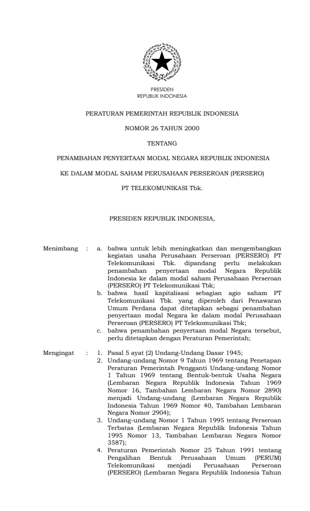 Peraturan Pemerintah Nomor 26 Tahun 2000