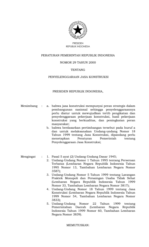 Peraturan Pemerintah Nomor 29 Tahun 2000