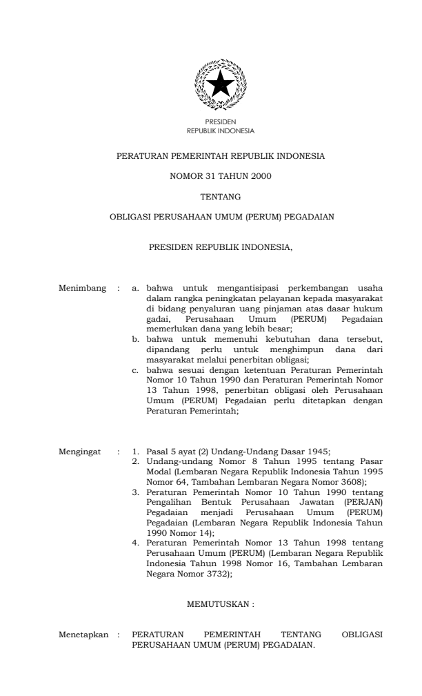 Peraturan Pemerintah Nomor 31 Tahun 2000