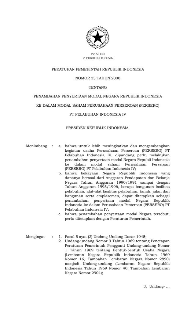 Peraturan Pemerintah Nomor 33 Tahun 2000