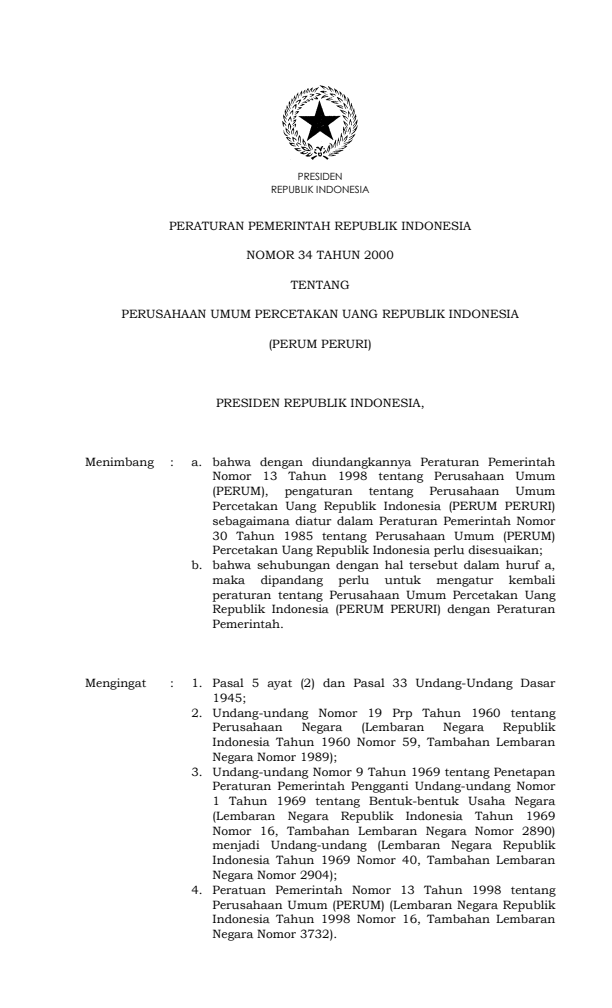 Peraturan Pemerintah Nomor 34 Tahun 2000