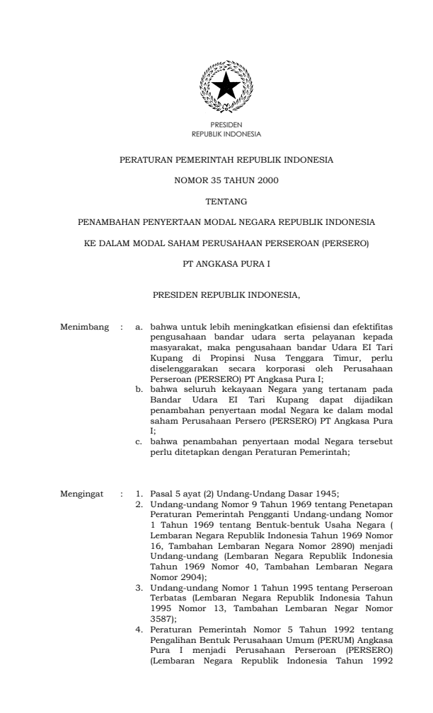 Peraturan Pemerintah Nomor 35 Tahun 2000