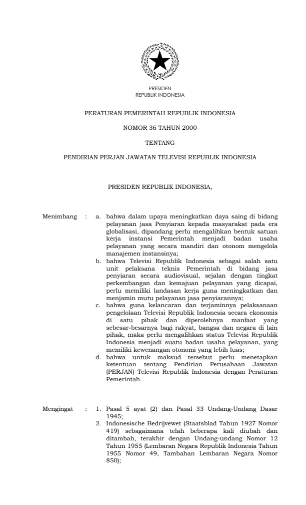 Peraturan Pemerintah Nomor 36 Tahun 2000