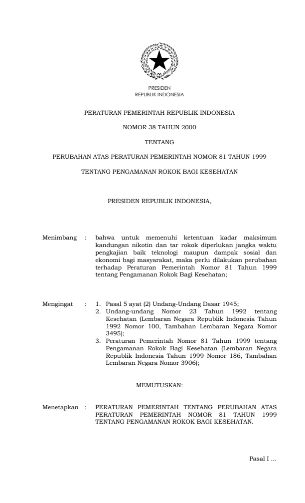 Peraturan Pemerintah Nomor 38 Tahun 2000