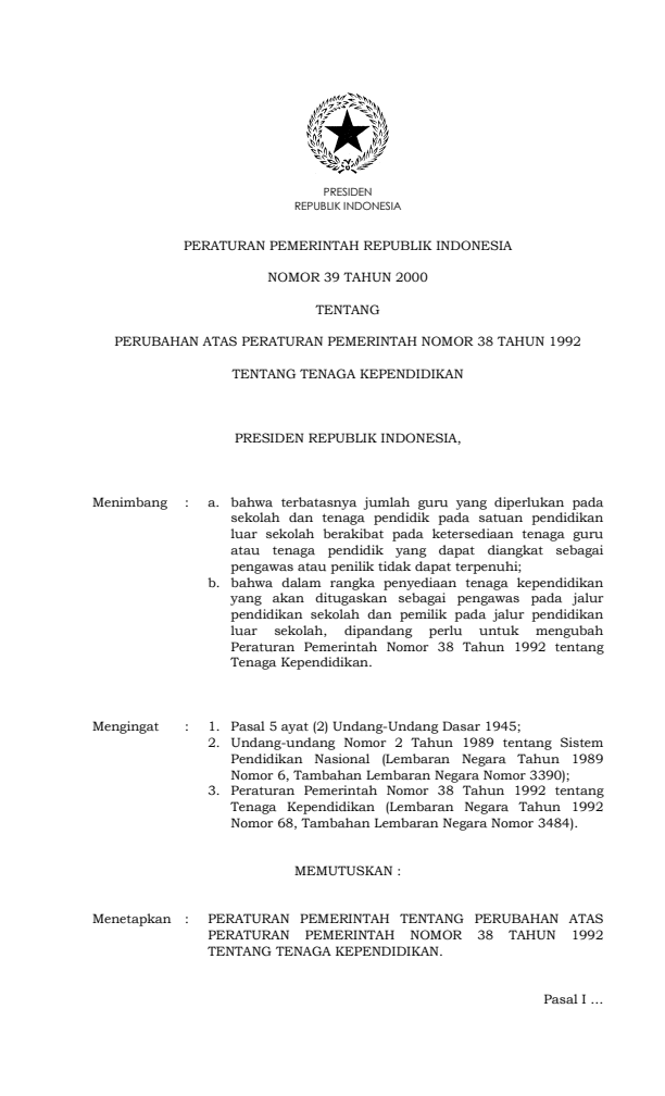 Peraturan Pemerintah Nomor 39 Tahun 2000