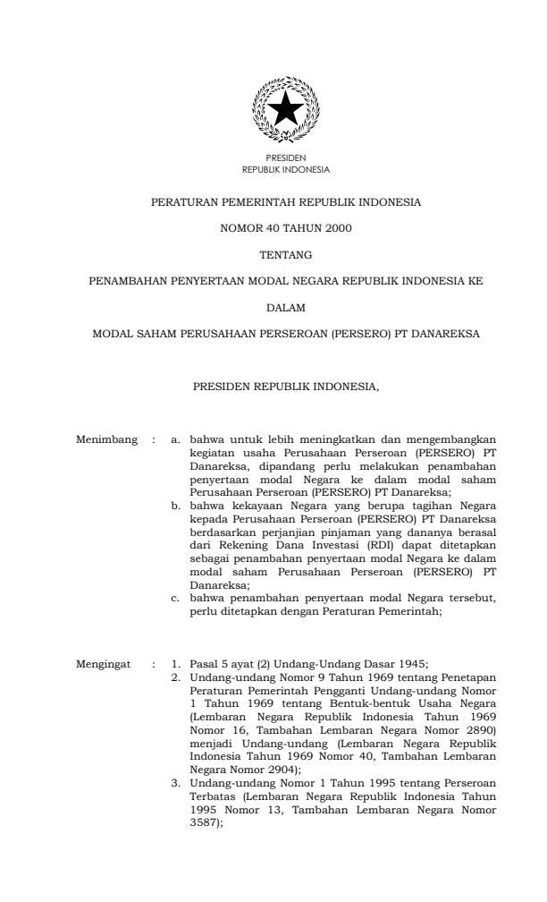 Peraturan Pemerintah Nomor 40 Tahun 2000