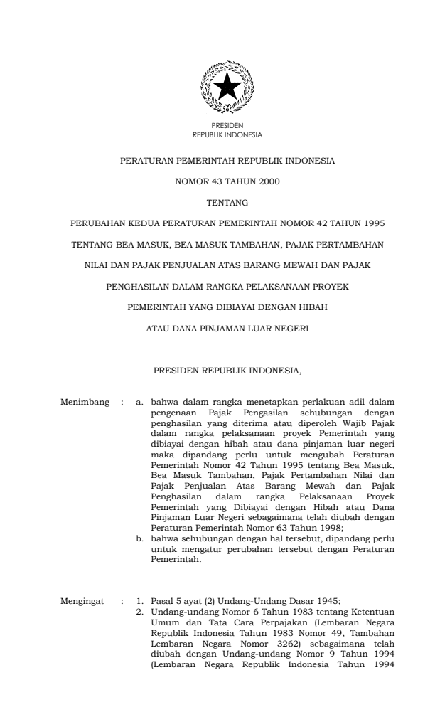 Peraturan Pemerintah Nomor 43 Tahun 2000