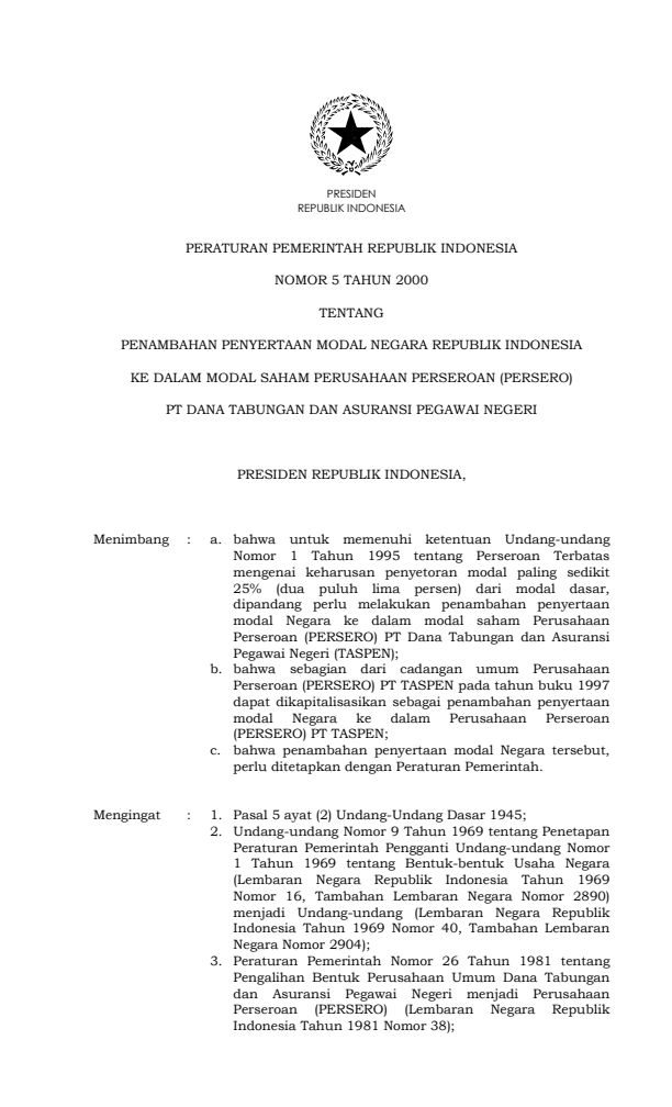 Peraturan Pemerintah Nomor 5 Tahun 2000