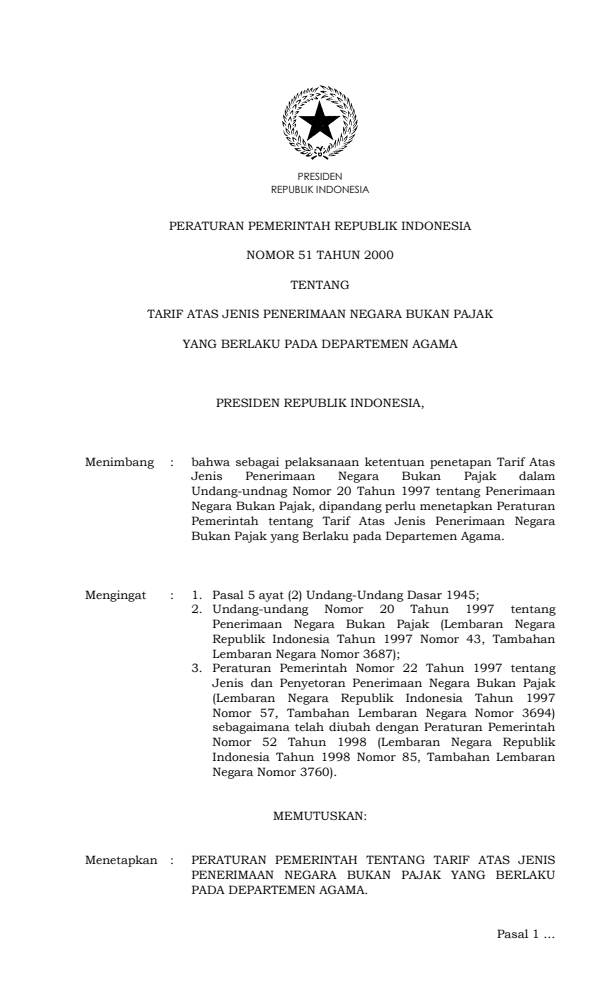 Peraturan Pemerintah Nomor 51 Tahun 2000