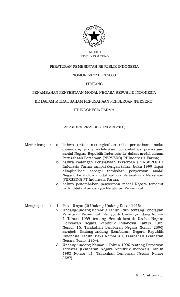 Peraturan Pemerintah Nomor 58 Tahun 2000