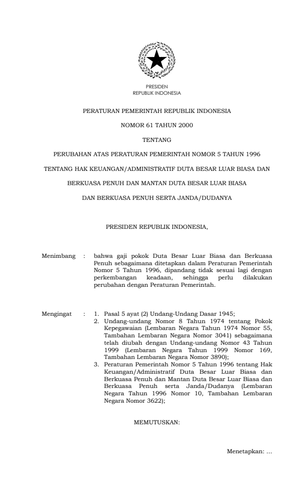 Peraturan Pemerintah Nomor 61 Tahun 2000