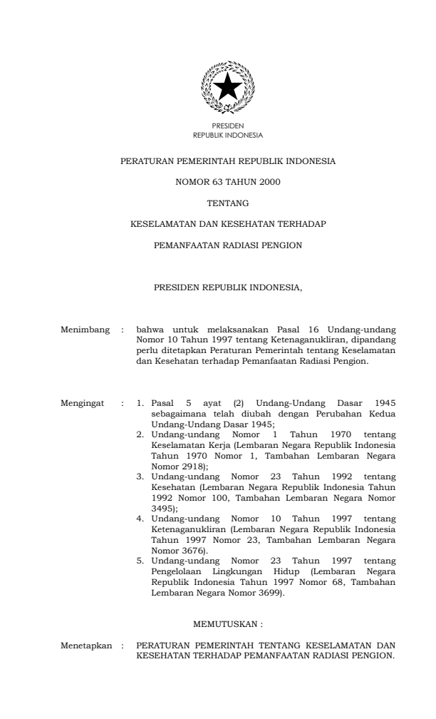 Peraturan Pemerintah Nomor 63 Tahun 2000