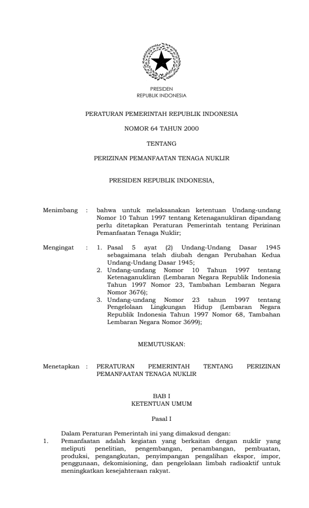 Peraturan Pemerintah Nomor 64 Tahun 2000