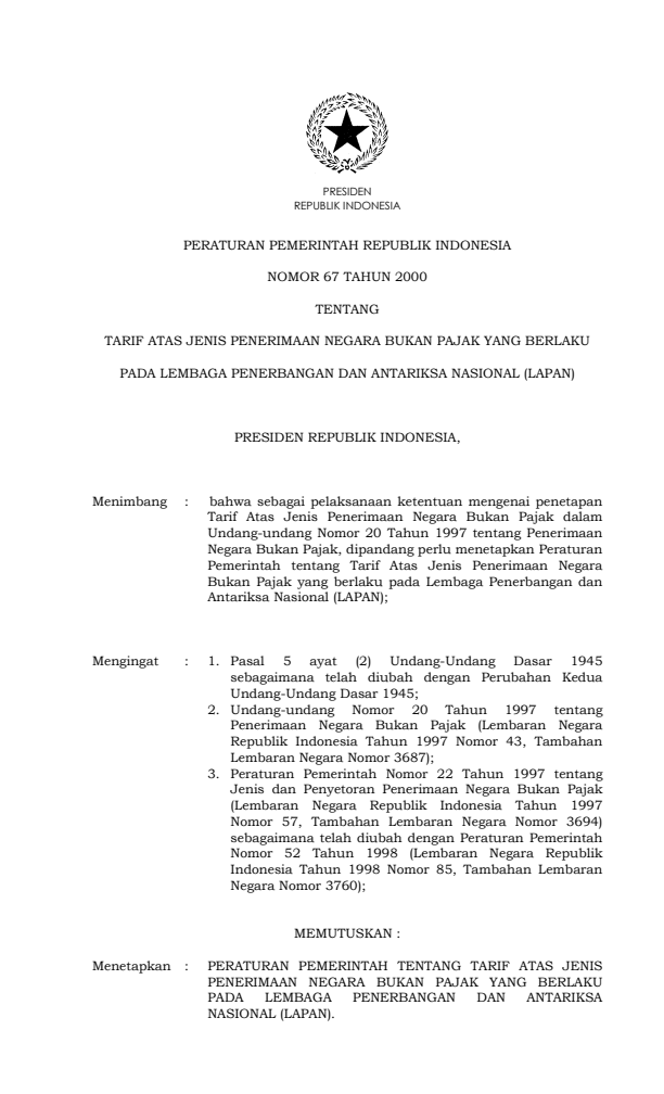 Peraturan Pemerintah Nomor 67 Tahun 2000