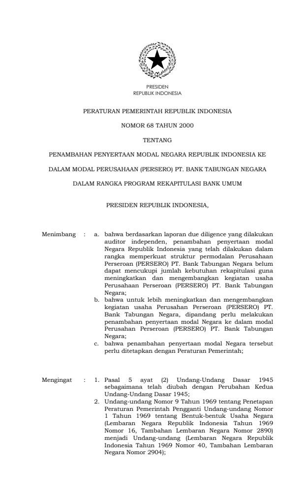 Peraturan Pemerintah Nomor 68 Tahun 2000