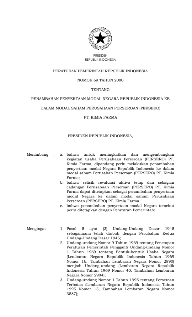 Peraturan Pemerintah Nomor 69 Tahun 2000