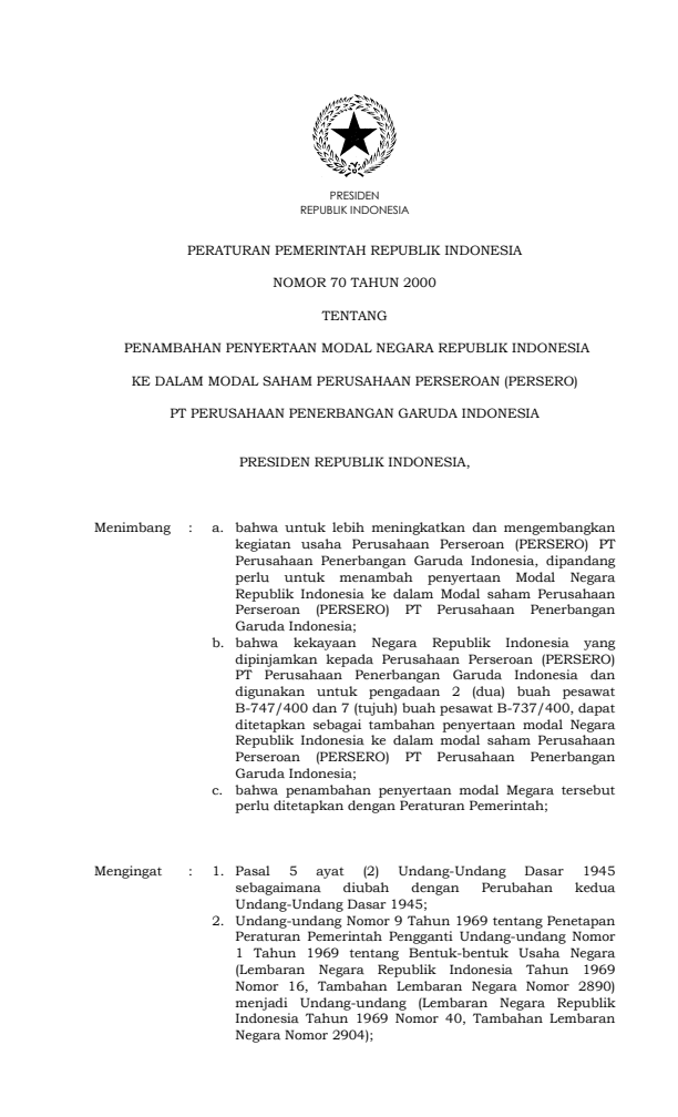 Peraturan Pemerintah Nomor 70 Tahun 2000