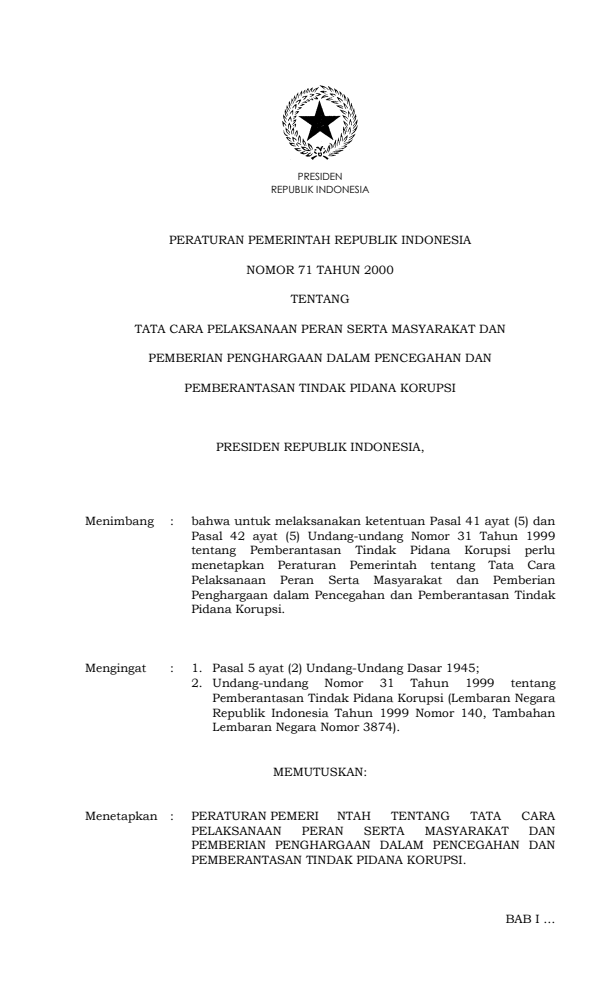 Peraturan Pemerintah Nomor 71 Tahun 2000