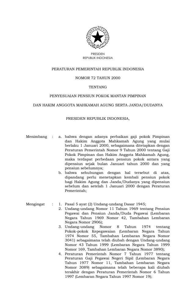 Peraturan Pemerintah Nomor 72 Tahun 2000