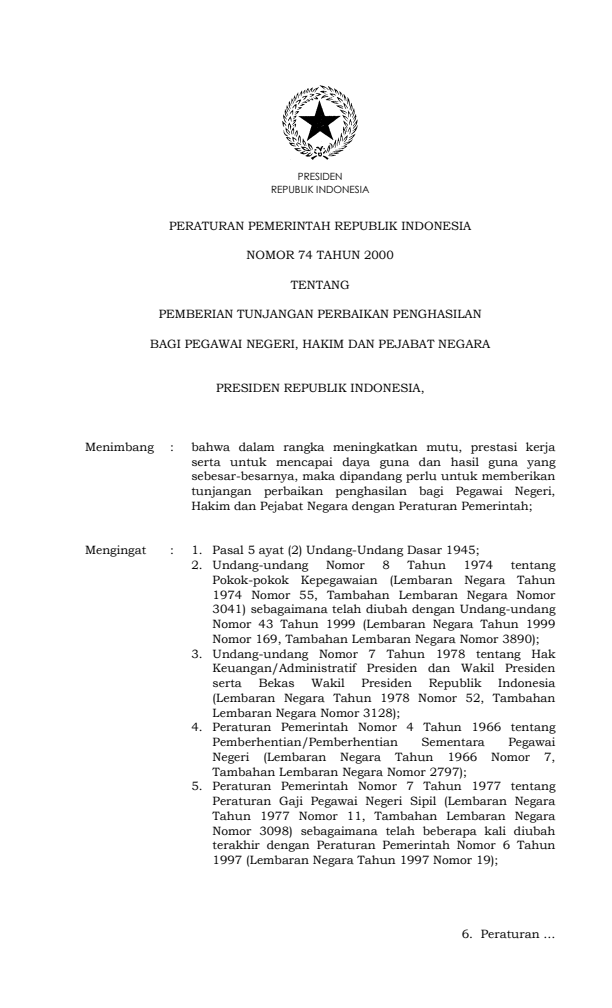 Peraturan Pemerintah Nomor 74 Tahun 2000