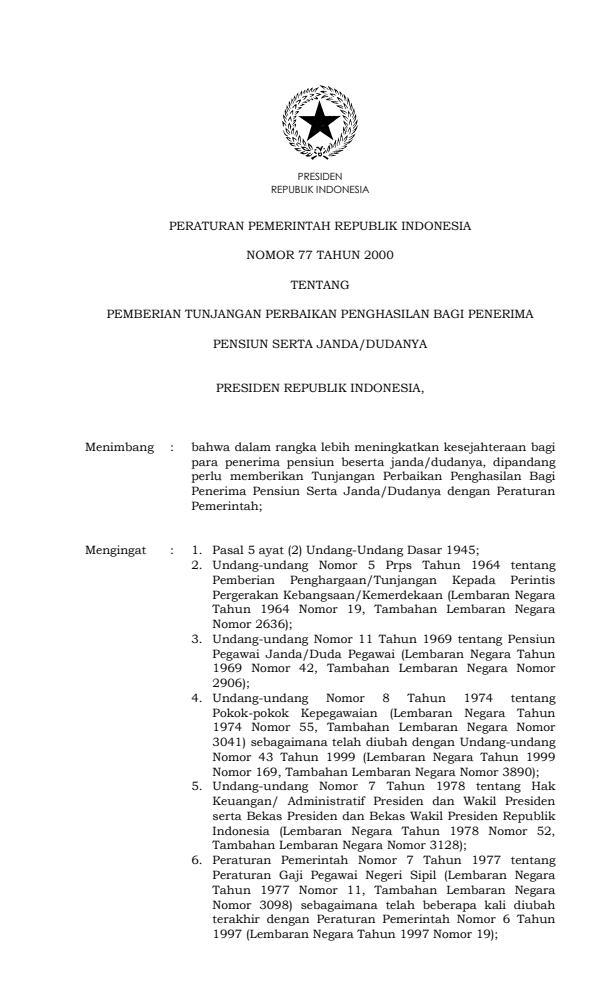 Peraturan Pemerintah Nomor 77 Tahun 2000