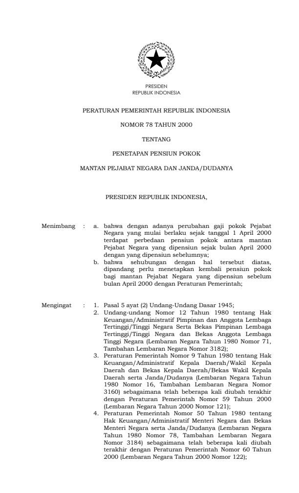 Peraturan Pemerintah Nomor 78 Tahun 2000