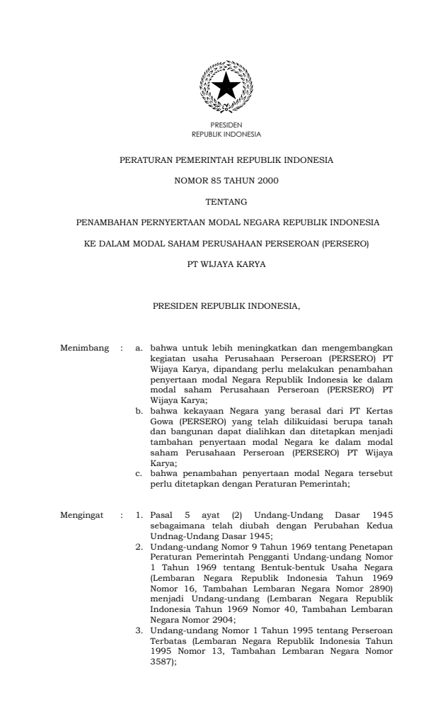 Peraturan Pemerintah Nomor 85 Tahun 2000