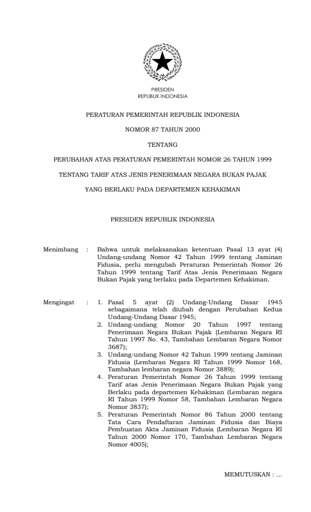 Peraturan Pemerintah Nomor 87 Tahun 2000