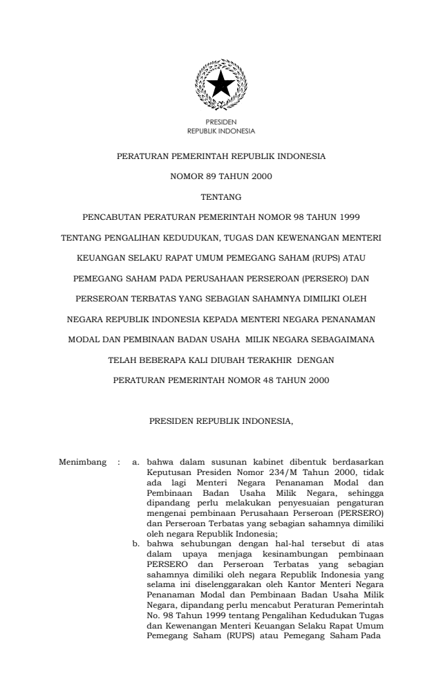 Peraturan Pemerintah Nomor 89 Tahun 2000