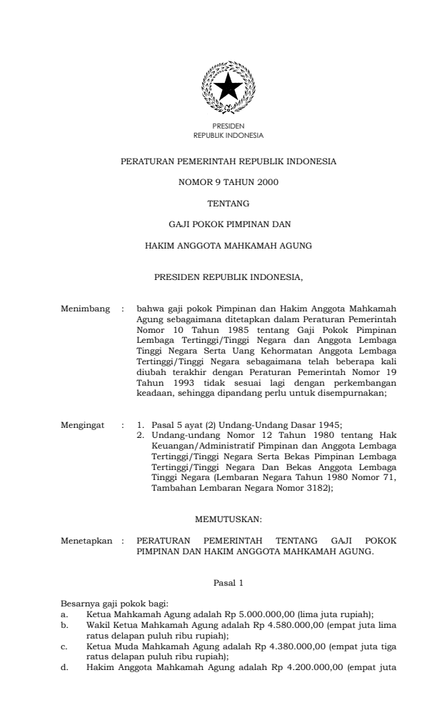 Peraturan Pemerintah Nomor 9 Tahun 2000