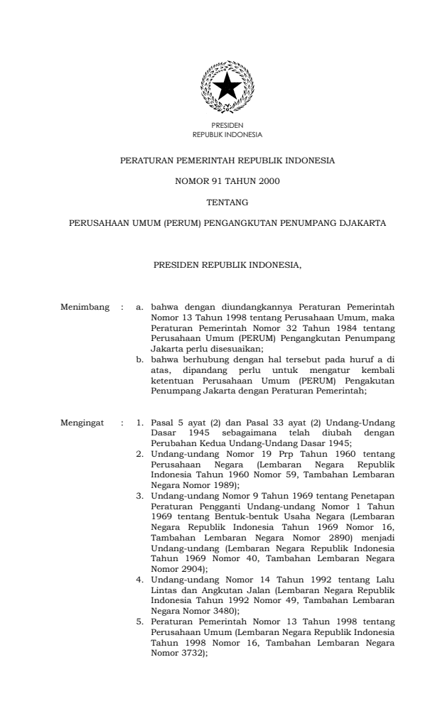 Peraturan Pemerintah Nomor 91 Tahun 2000