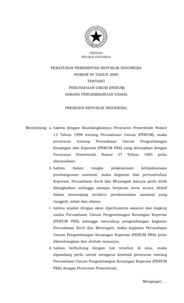 Peraturan Pemerintah Nomor 95 Tahun 2000