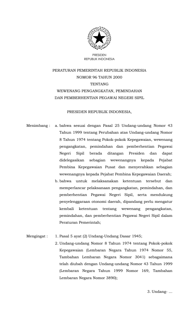 Peraturan Pemerintah Nomor 96 Tahun 2000