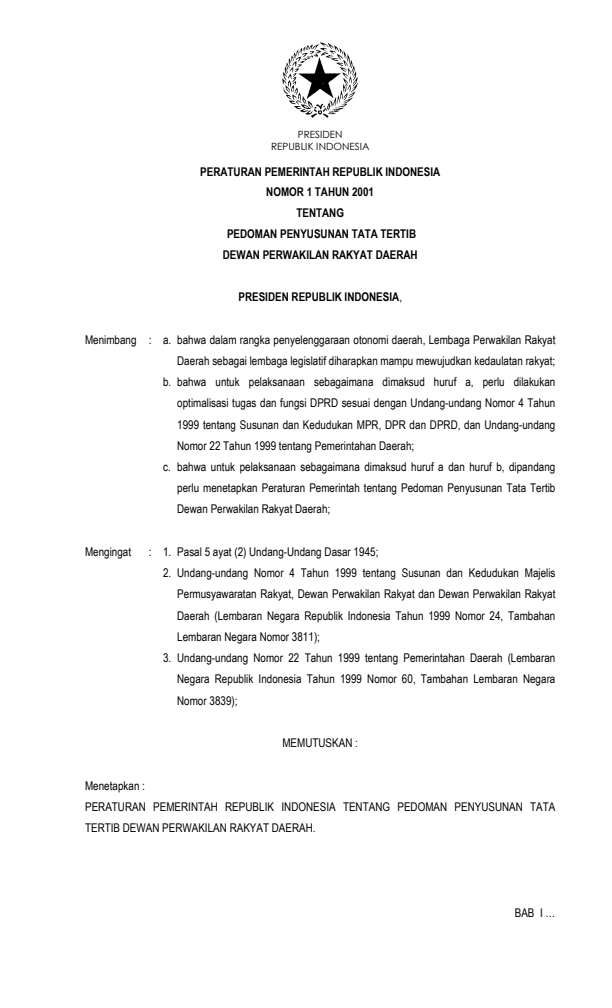 Peraturan Pemerintah Nomor 1 Tahun 2001