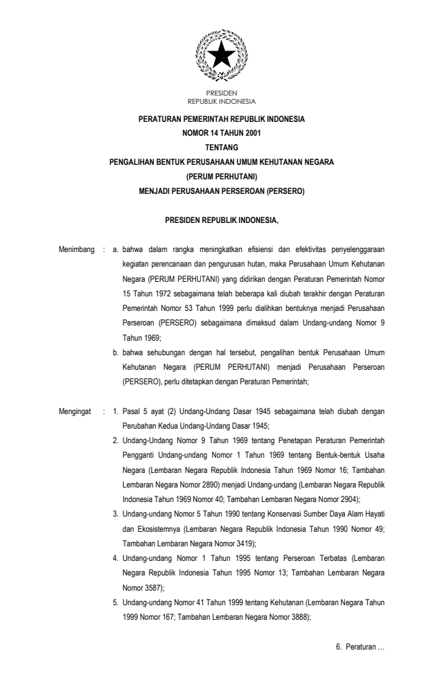 Peraturan Pemerintah Nomor 14 Tahun 2001