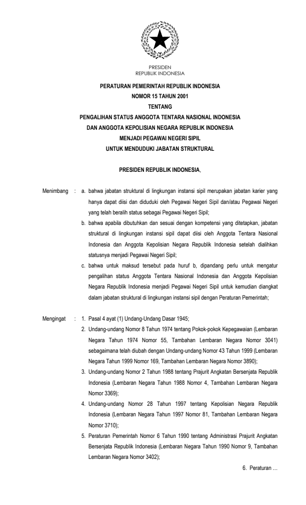 Peraturan Pemerintah Nomor 15 Tahun 2001