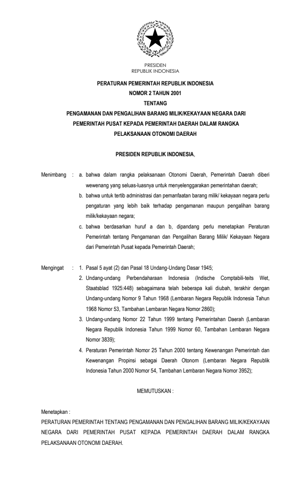 Peraturan Pemerintah Nomor 2 Tahun 2001