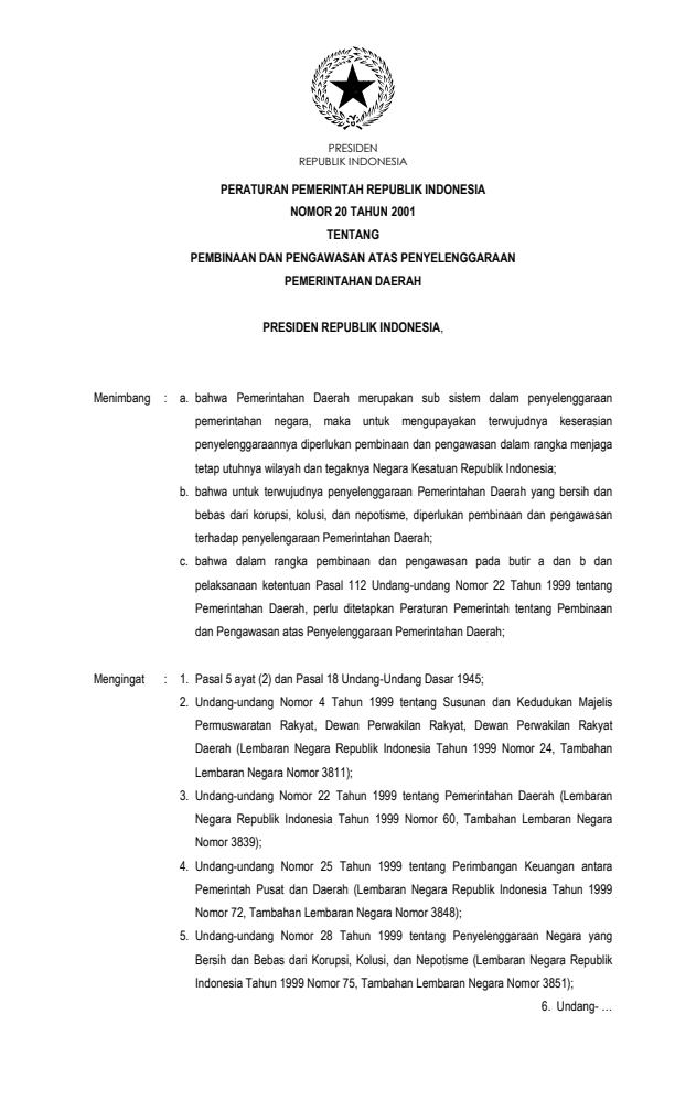 Peraturan Pemerintah Nomor 20 Tahun 2001