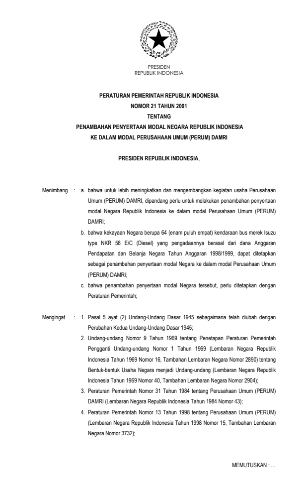 Peraturan Pemerintah Nomor 21 Tahun 2001