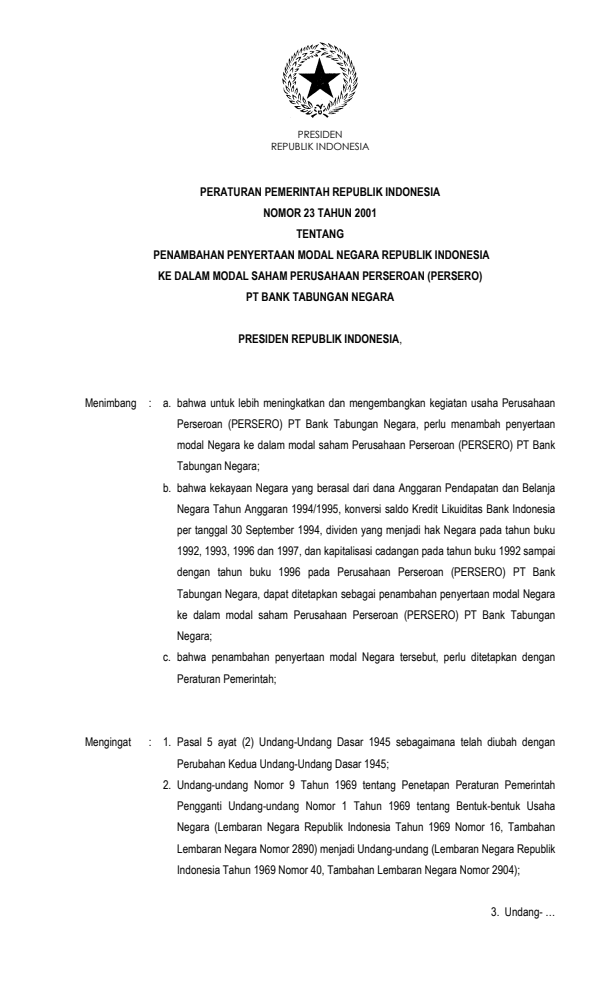 Peraturan Pemerintah Nomor 23 Tahun 2001