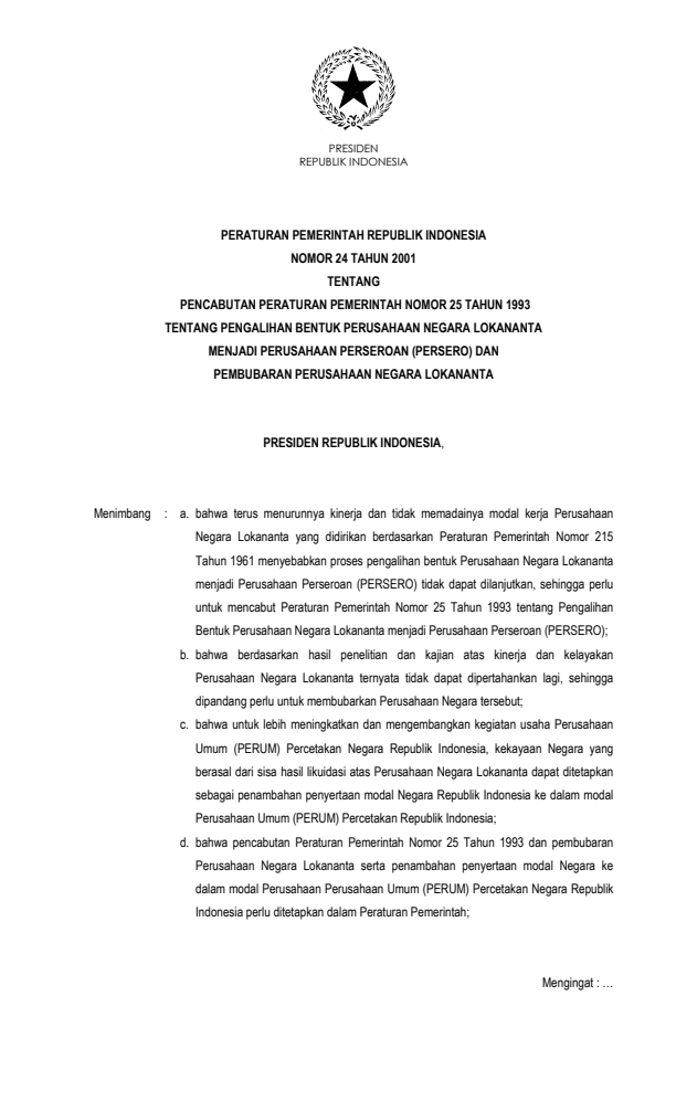 Peraturan Pemerintah Nomor 24 Tahun 2001