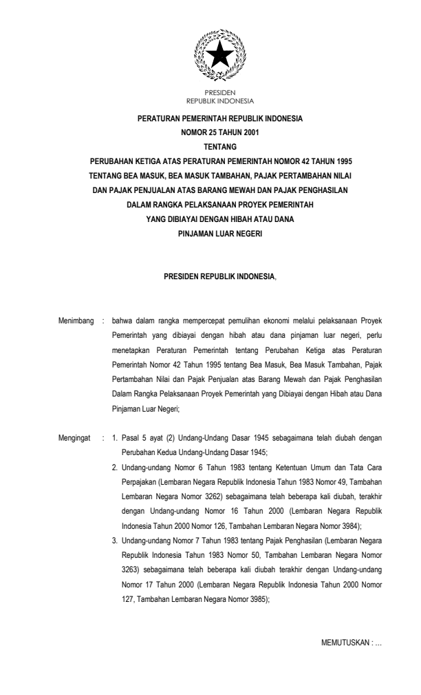 Peraturan Pemerintah Nomor 25 Tahun 2001