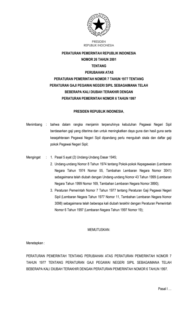 Peraturan Pemerintah Nomor 26 Tahun 2001