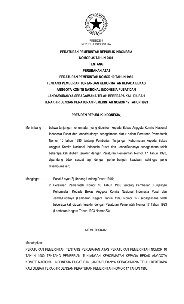 Peraturan Pemerintah Nomor 35 Tahun 2001